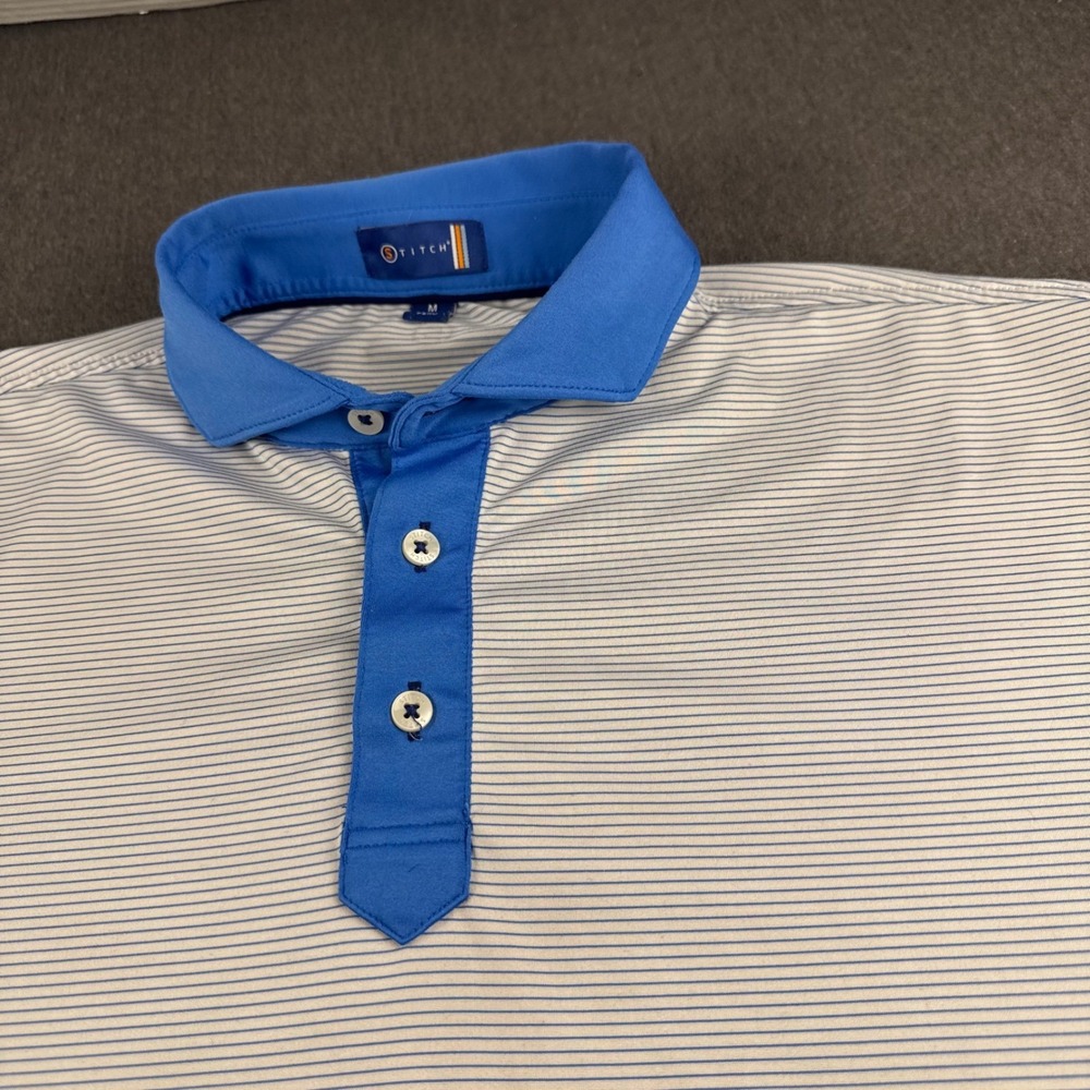 Stitch Golf Mens Blue White Striped Performance Polo Shirt Size Medium